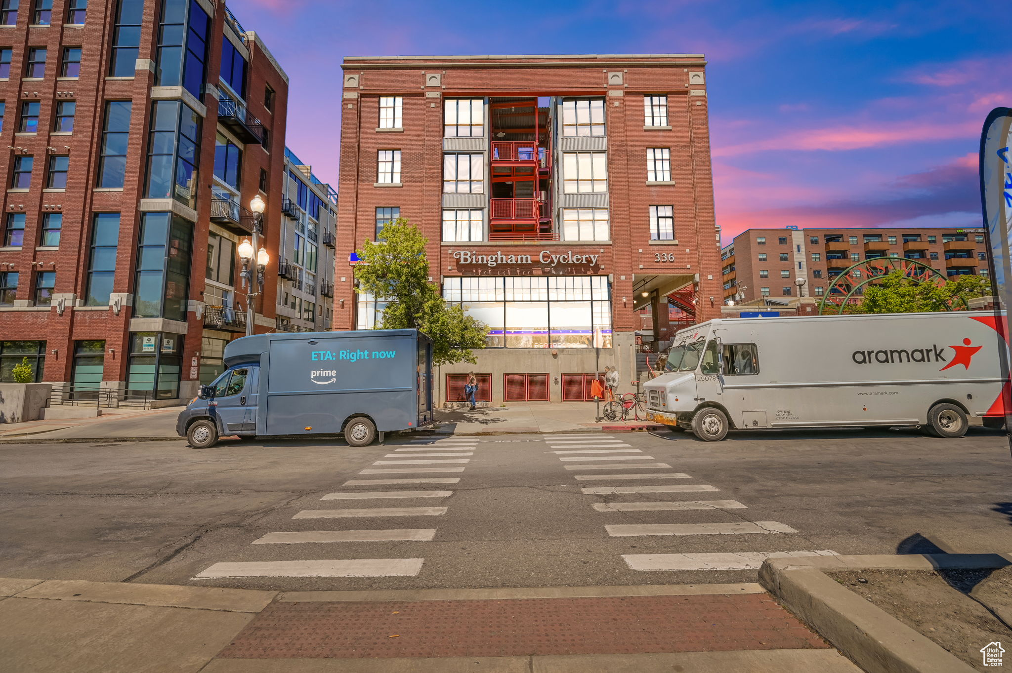 View of outdoor building at dusk