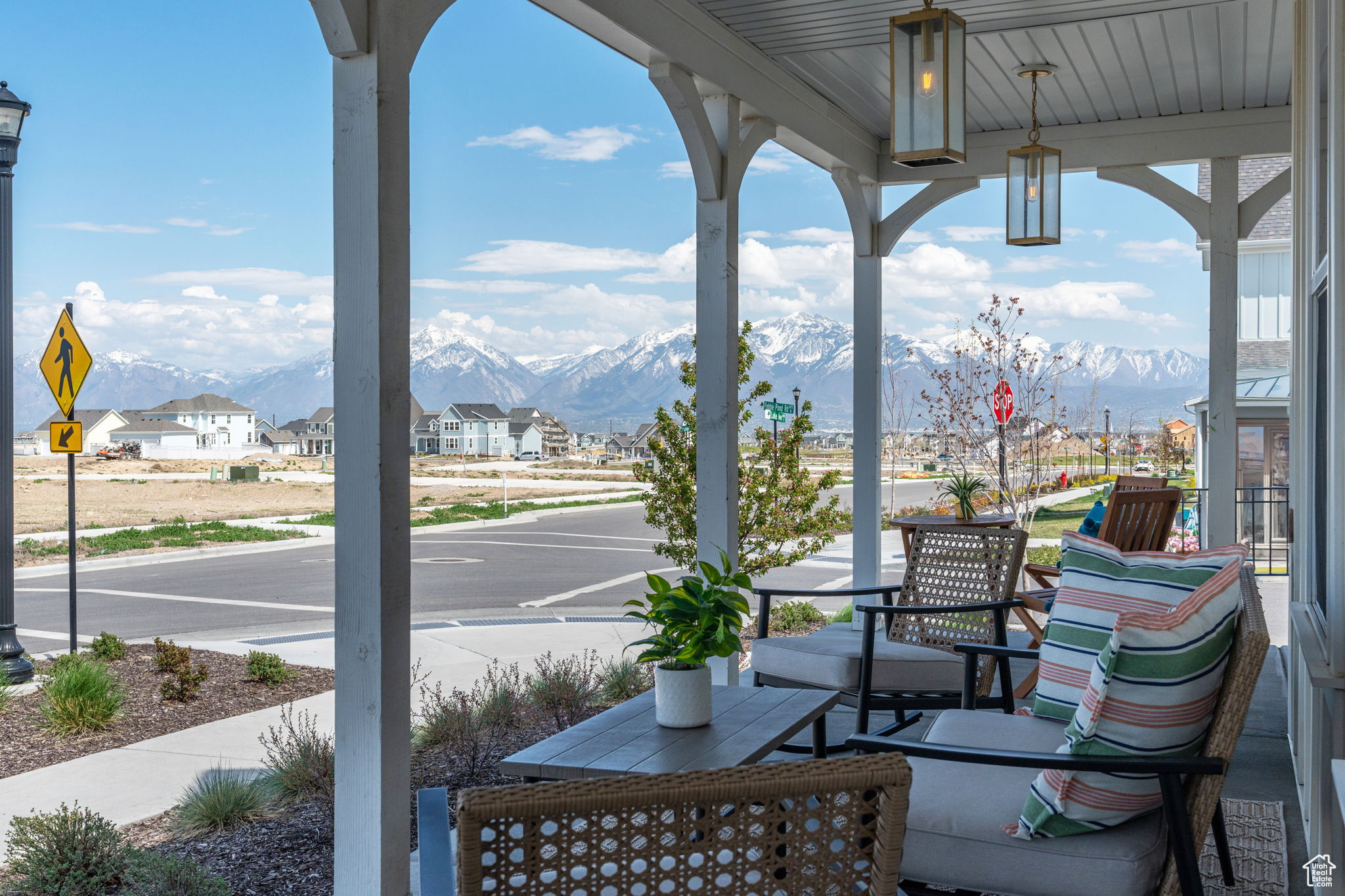 View of front porch featuring mountain views.