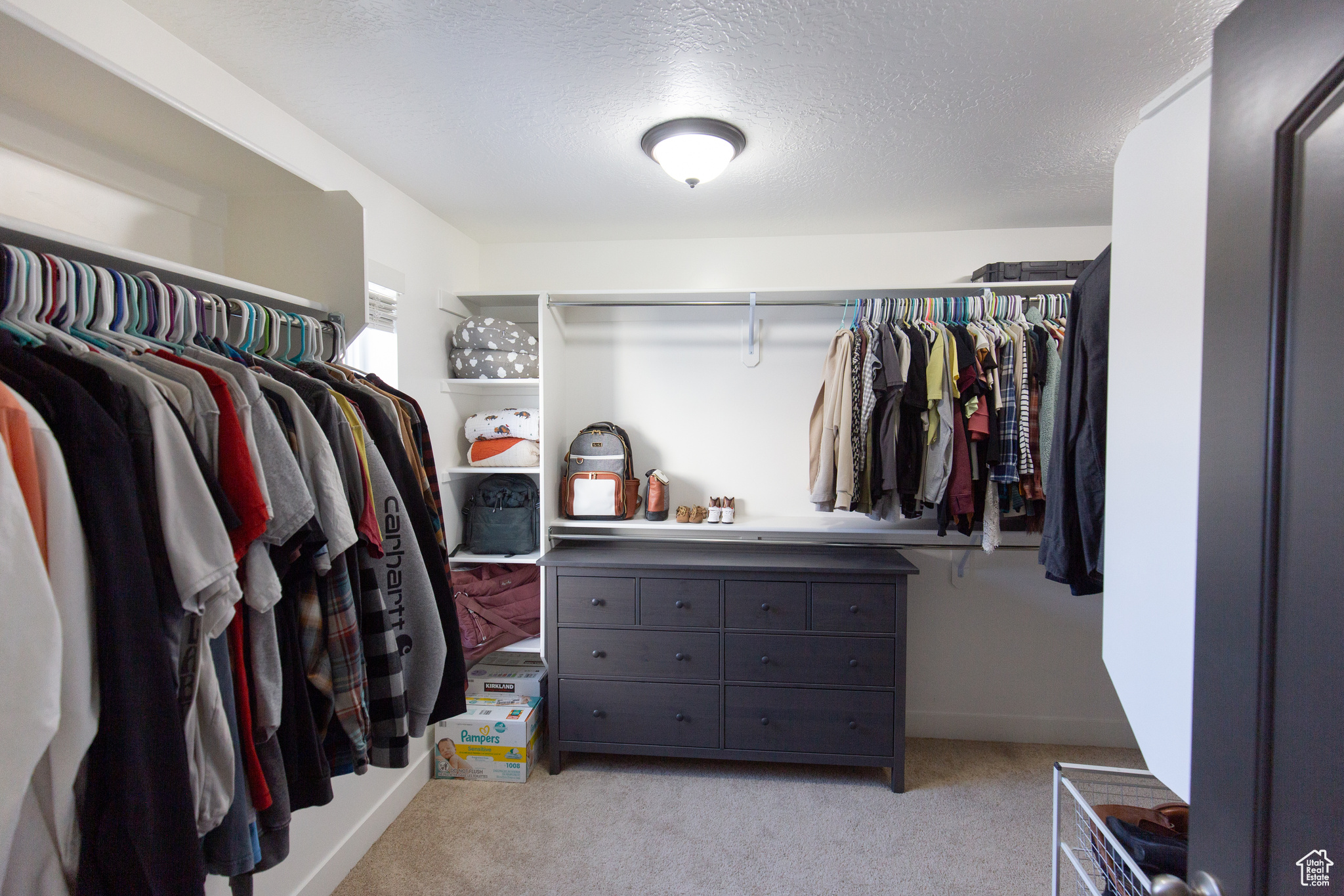 Spacious closet featuring light colored carpet