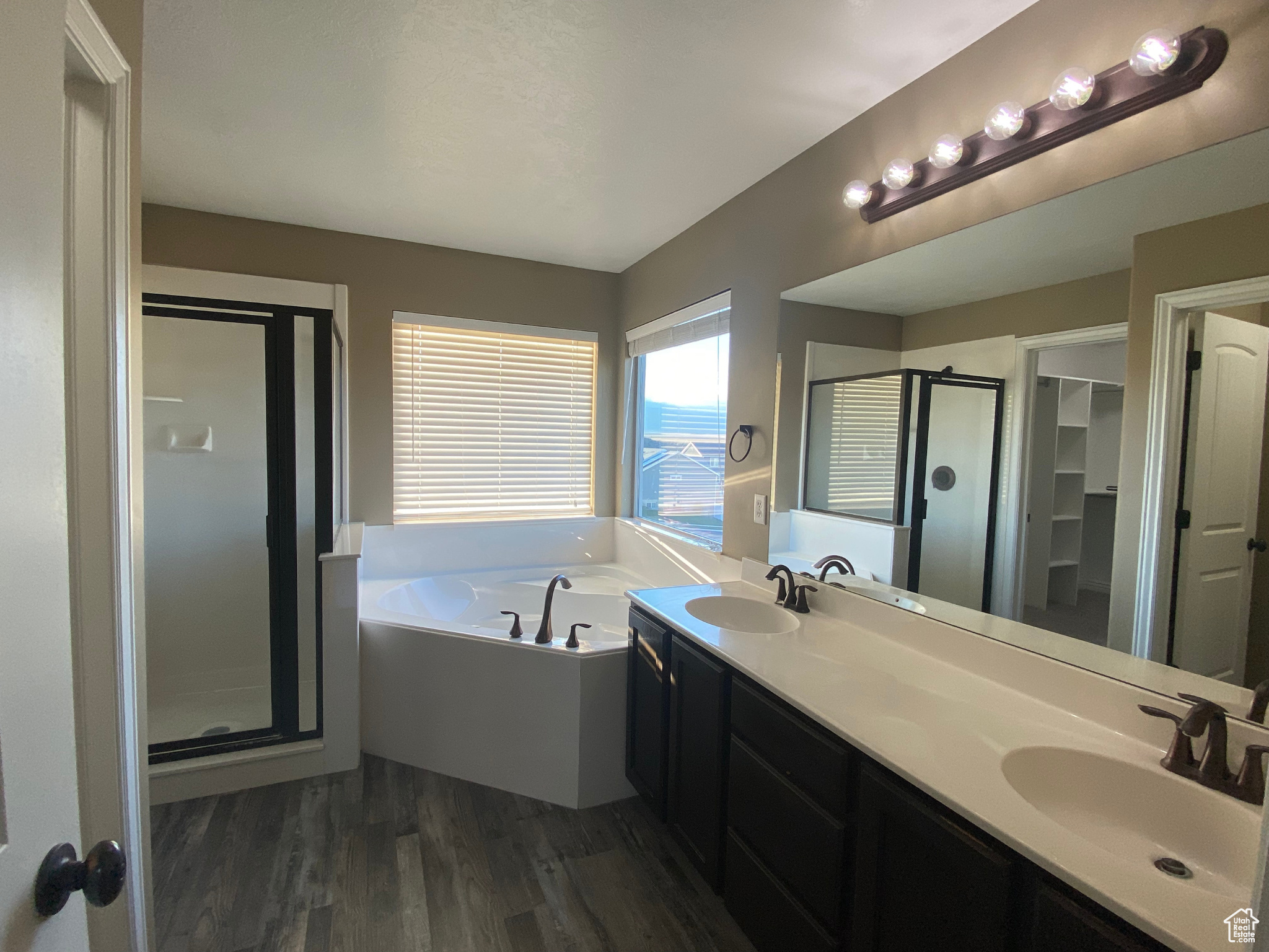 Master Bathroom featuring hardwood / wood-style flooring, dual bowl vanity, and shower with separate bathtub