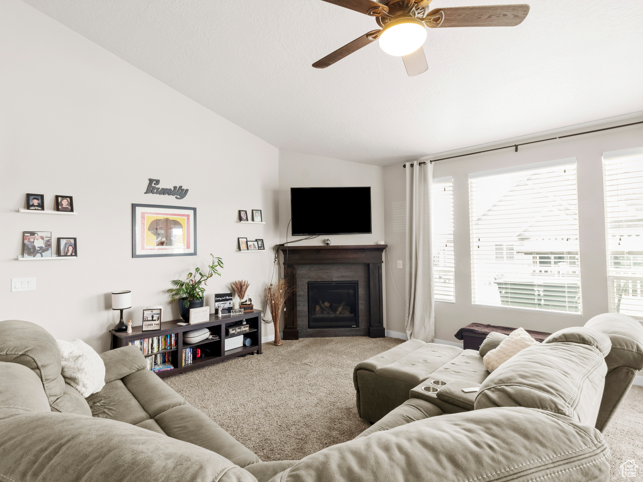 Living room featuring lofted ceiling, carpet floors, and ceiling fan