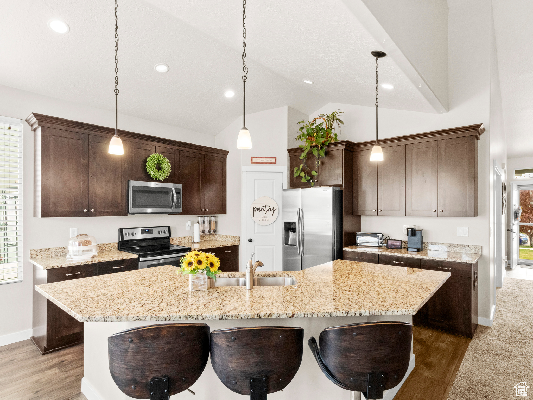 Kitchen featuring dark brown cabinets, decorative light fixtures, appliances with stainless steel finishes, wood-type flooring, and a kitchen island with sink