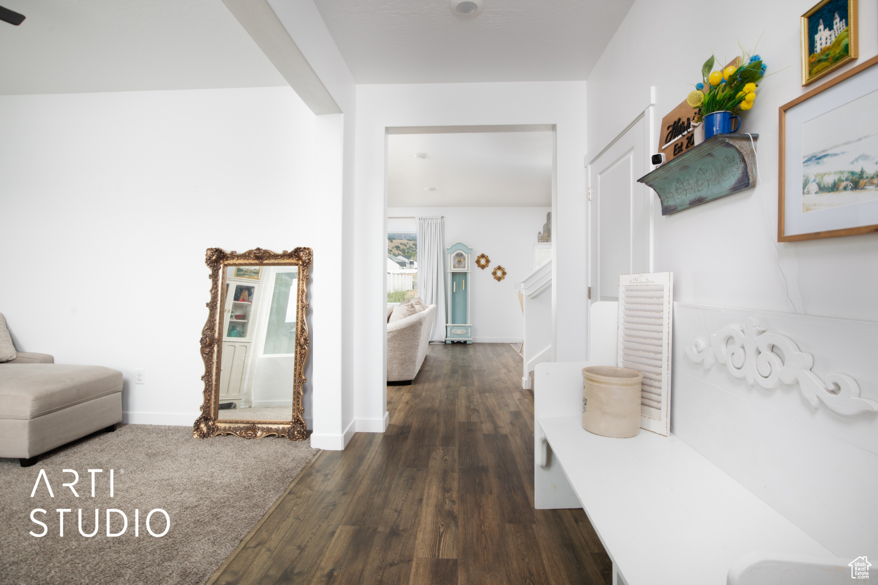 Corridor featuring dark wood-type flooring