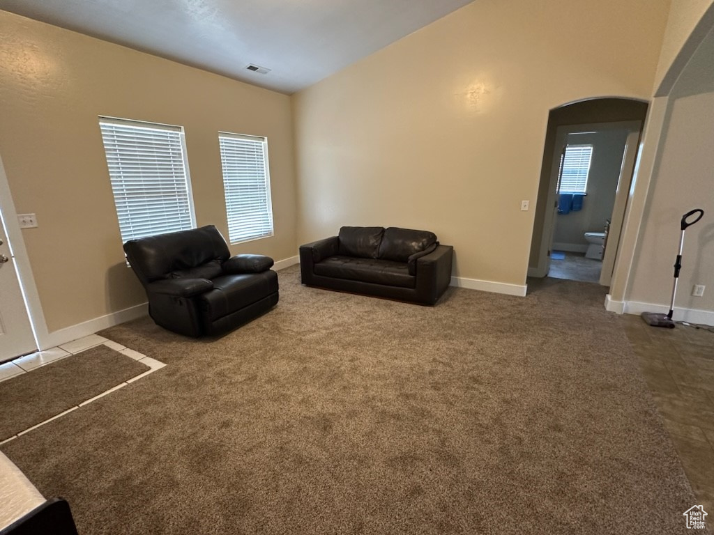 Living room featuring lofted ceiling and carpet flooring