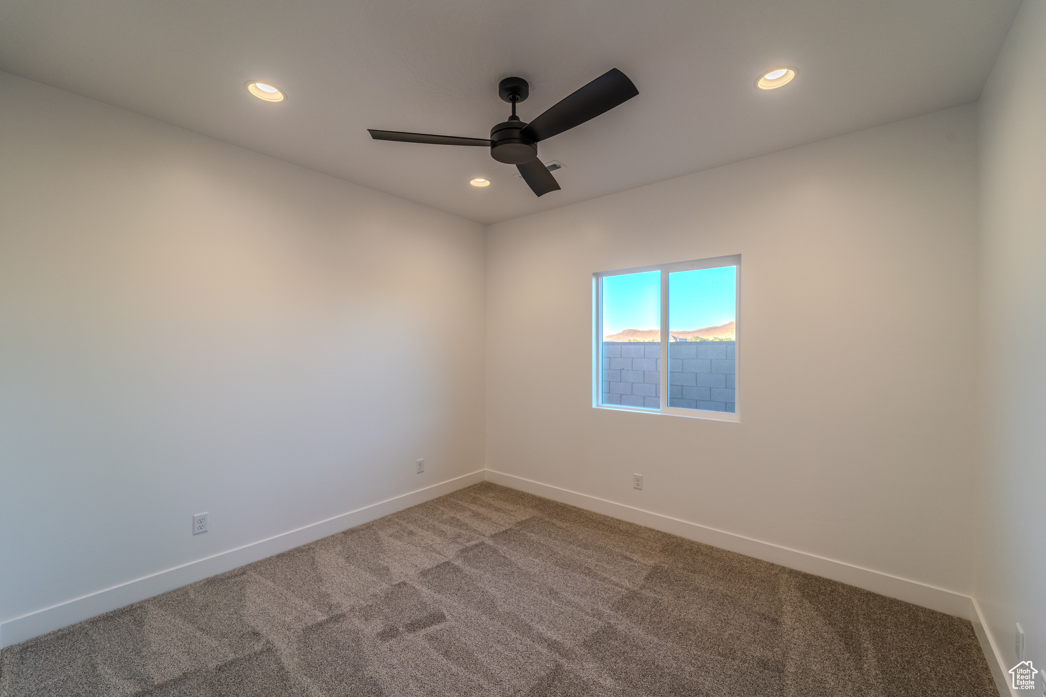 Carpeted spare room with ceiling fan