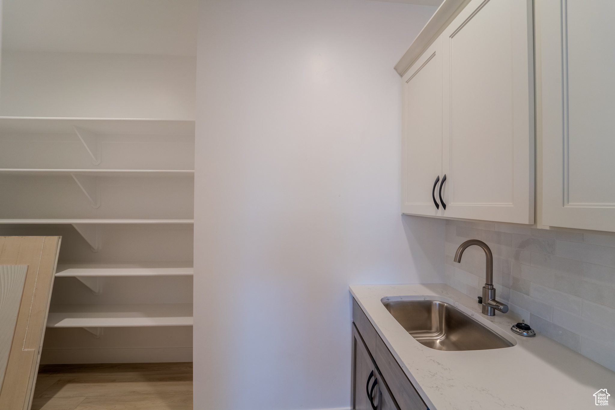 Laundry area with sink and light hardwood / wood-style floors