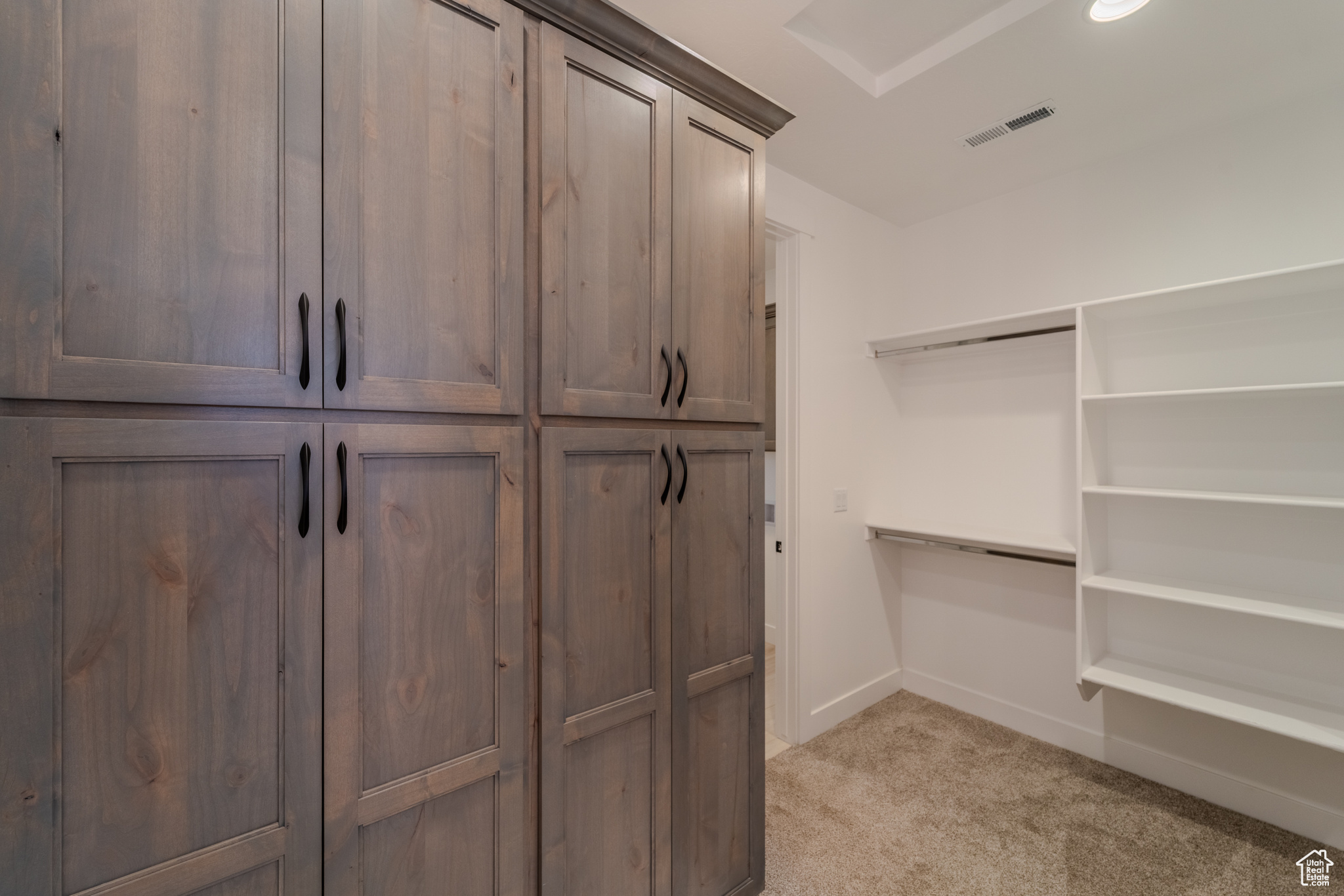 Walk in closet with light colored carpet