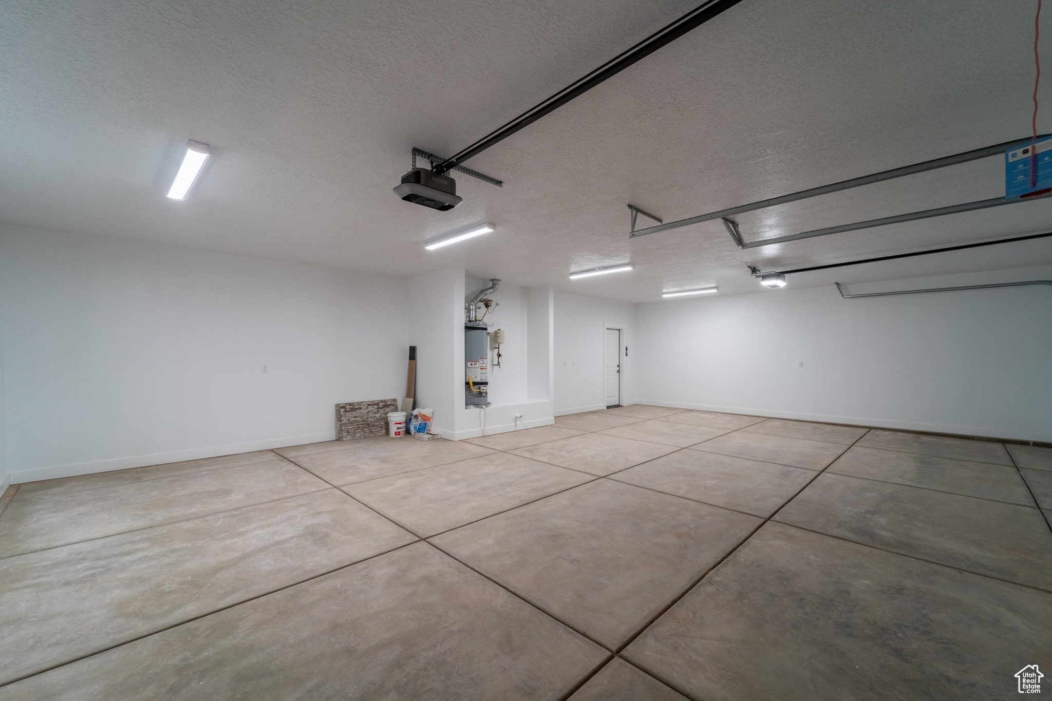 Garage featuring a garage door opener and gas water heater