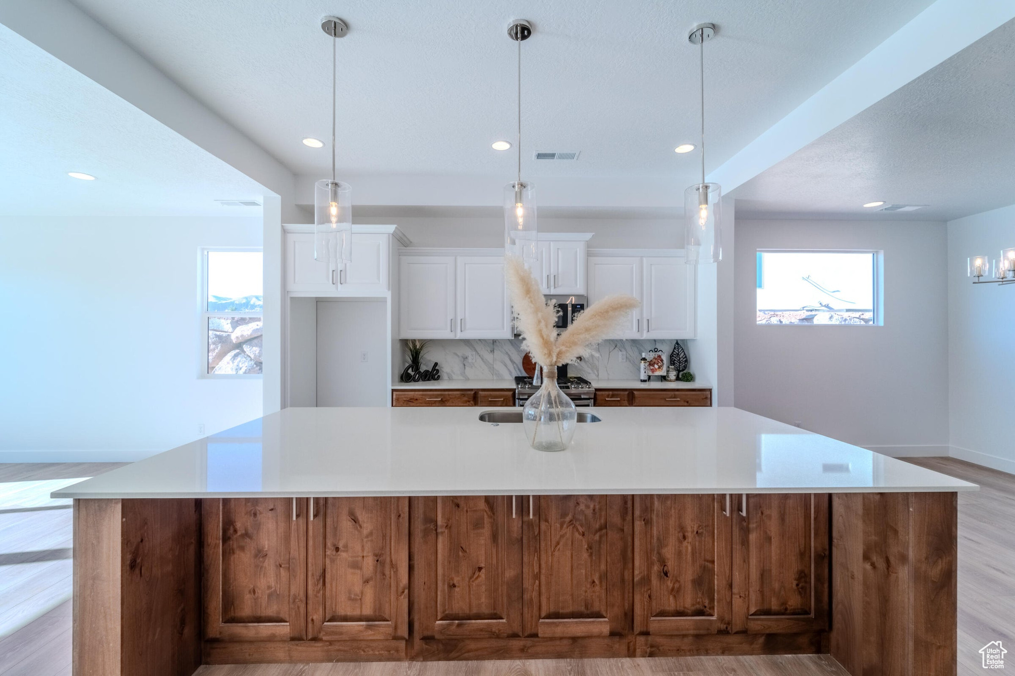 Kitchen featuring light hardwood / wood-style flooring, a healthy amount of sunlight, and a spacious island