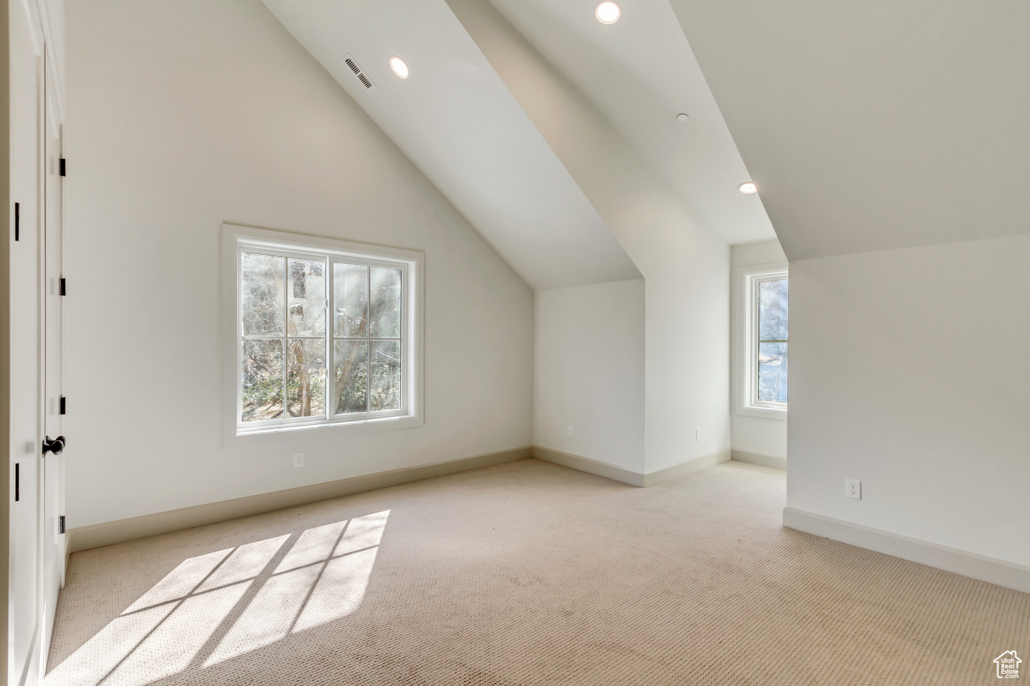 Additional living space featuring light colored carpet and vaulted ceiling