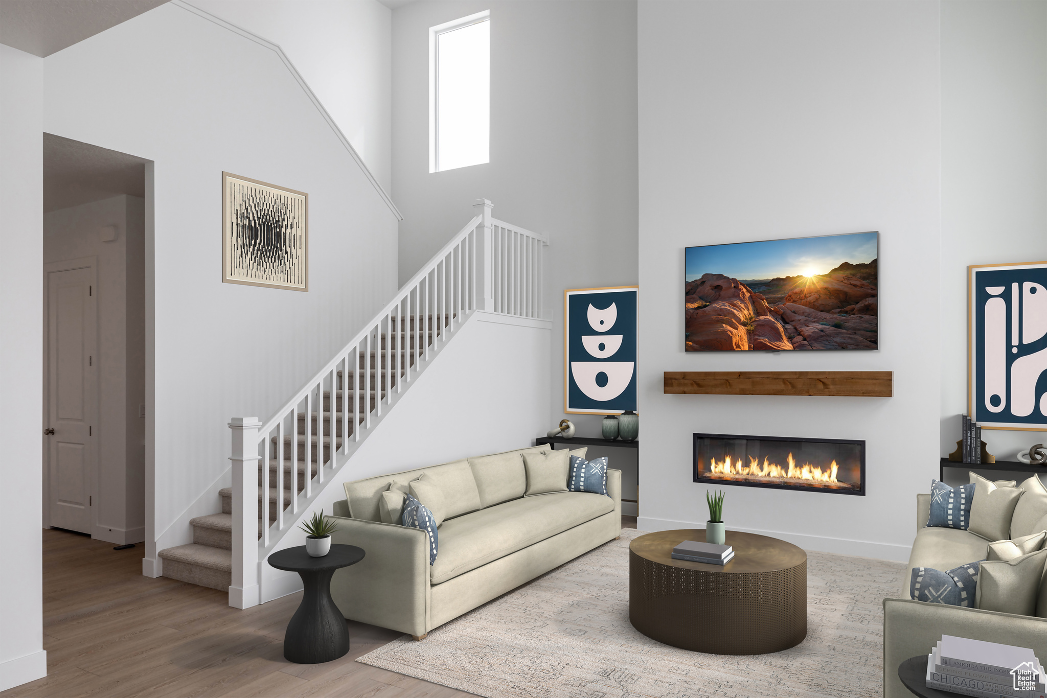 Example photo actual stair railing, fireplace and colors may be different