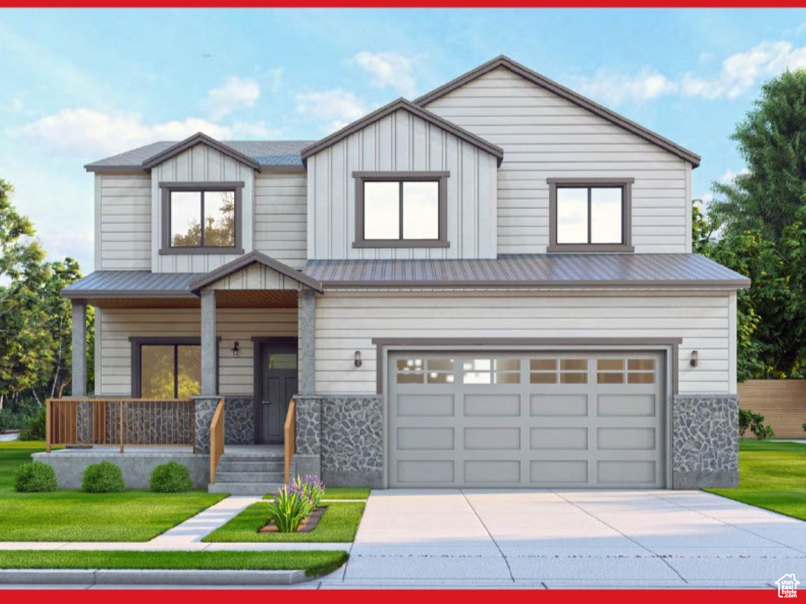 View of front facade with a porch, a garage, and a front yard