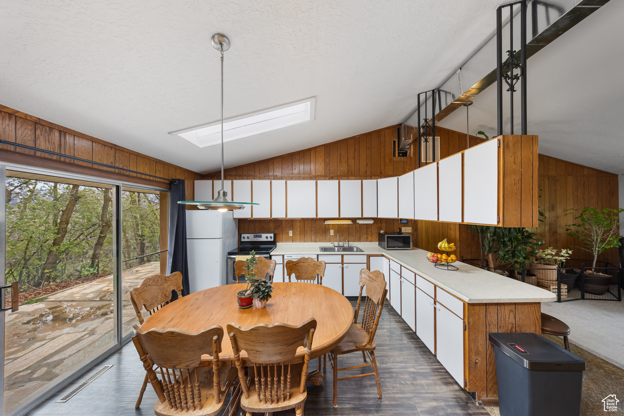 Carpeted dining space featuring sink, vaulted ceiling with skylight, and wood walls