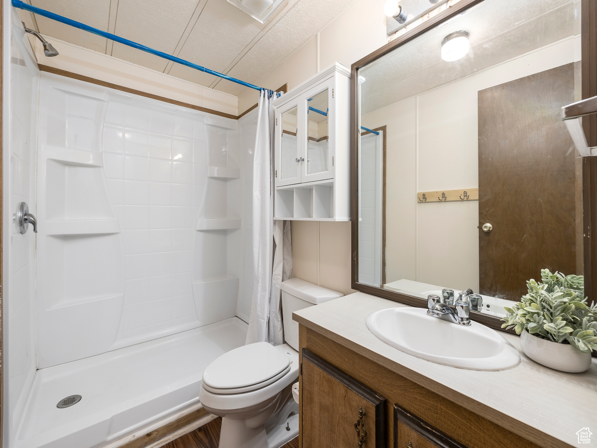 Bathroom with a shower with curtain, vanity with extensive cabinet space, and toilet