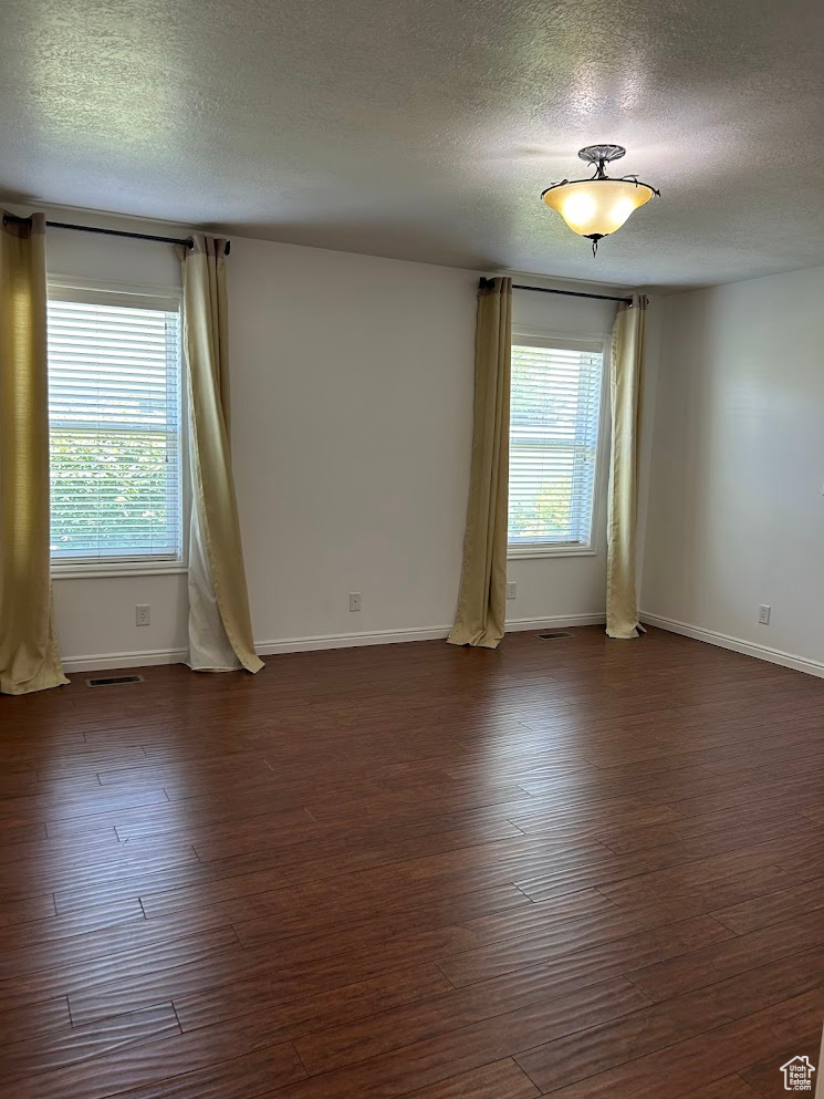 Master bedroom featuring dark hardwood / wood-style floors and a textured ceiling