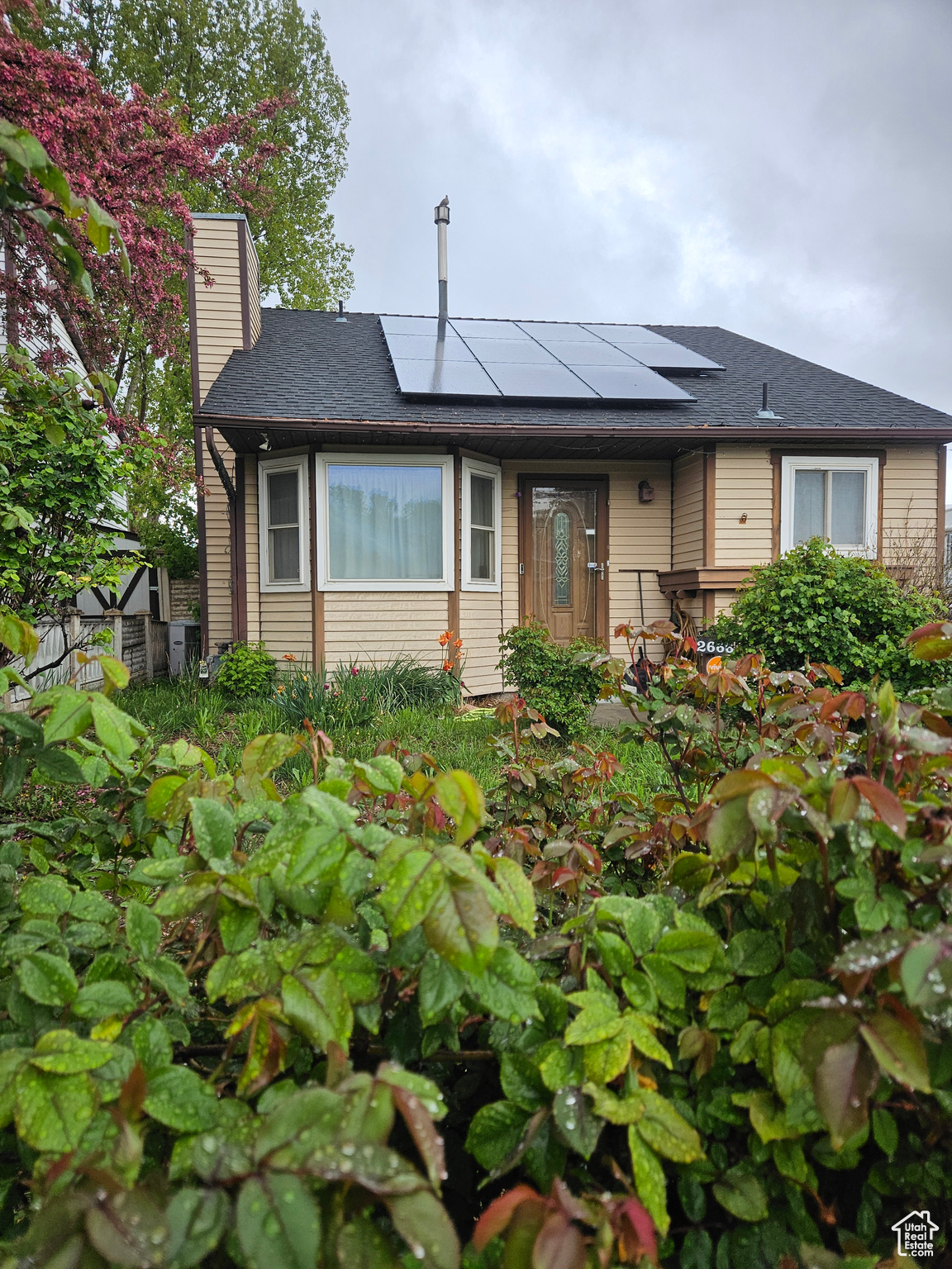 View of front of property featuring solar panels
