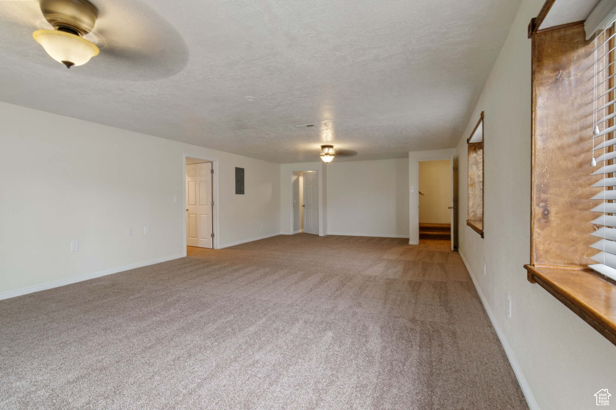 Spare room with carpet, ceiling fan, and a textured ceiling