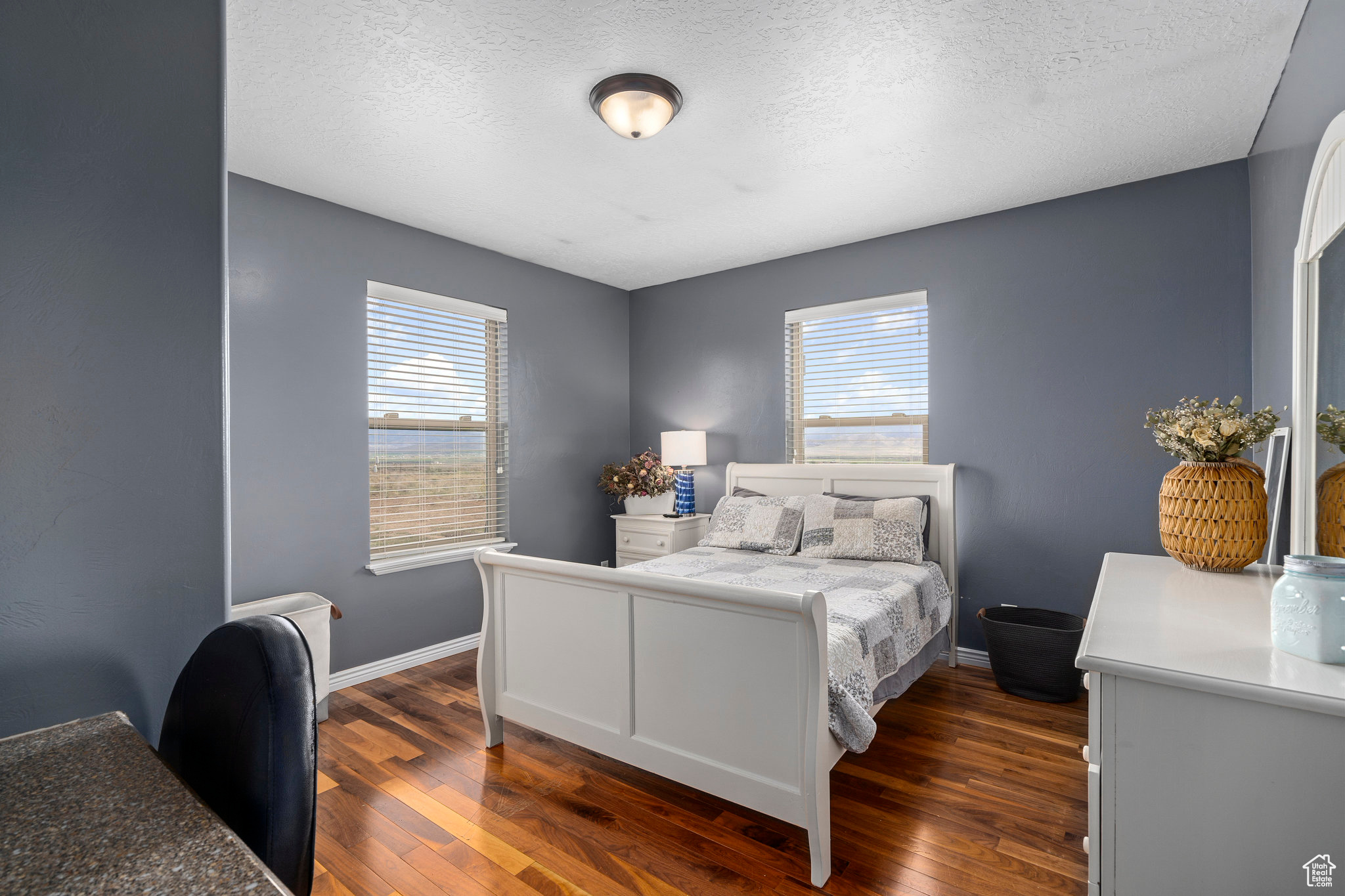 Bedroom featuring a textured ceiling, multiple windows, and dark wood flooring