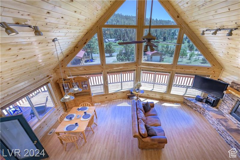 Living room featuring wood ceiling, plenty of natural light, hardwood / wood-style floors, and wood walls