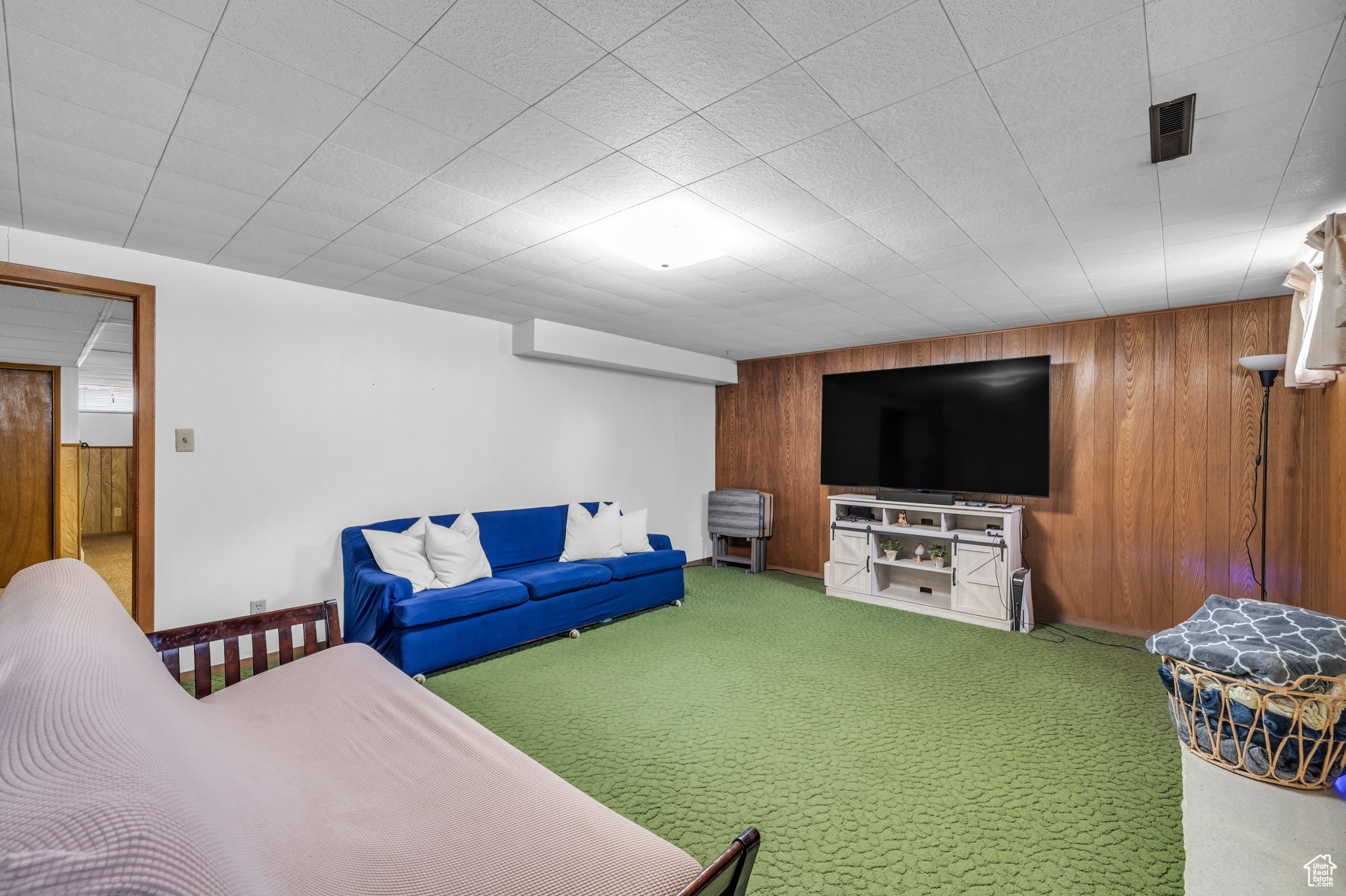 Living room with wood walls and carpet flooring