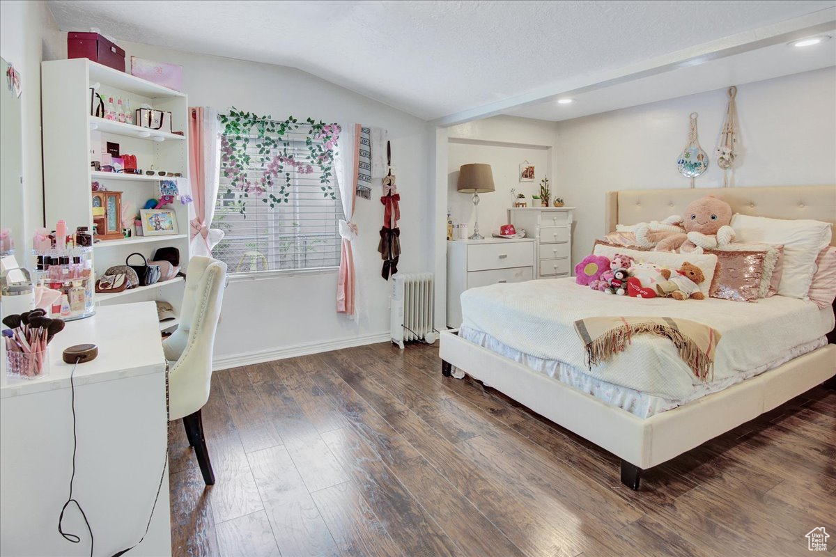 Bedroom with lofted ceiling, dark hardwood / wood-style flooring, and radiator