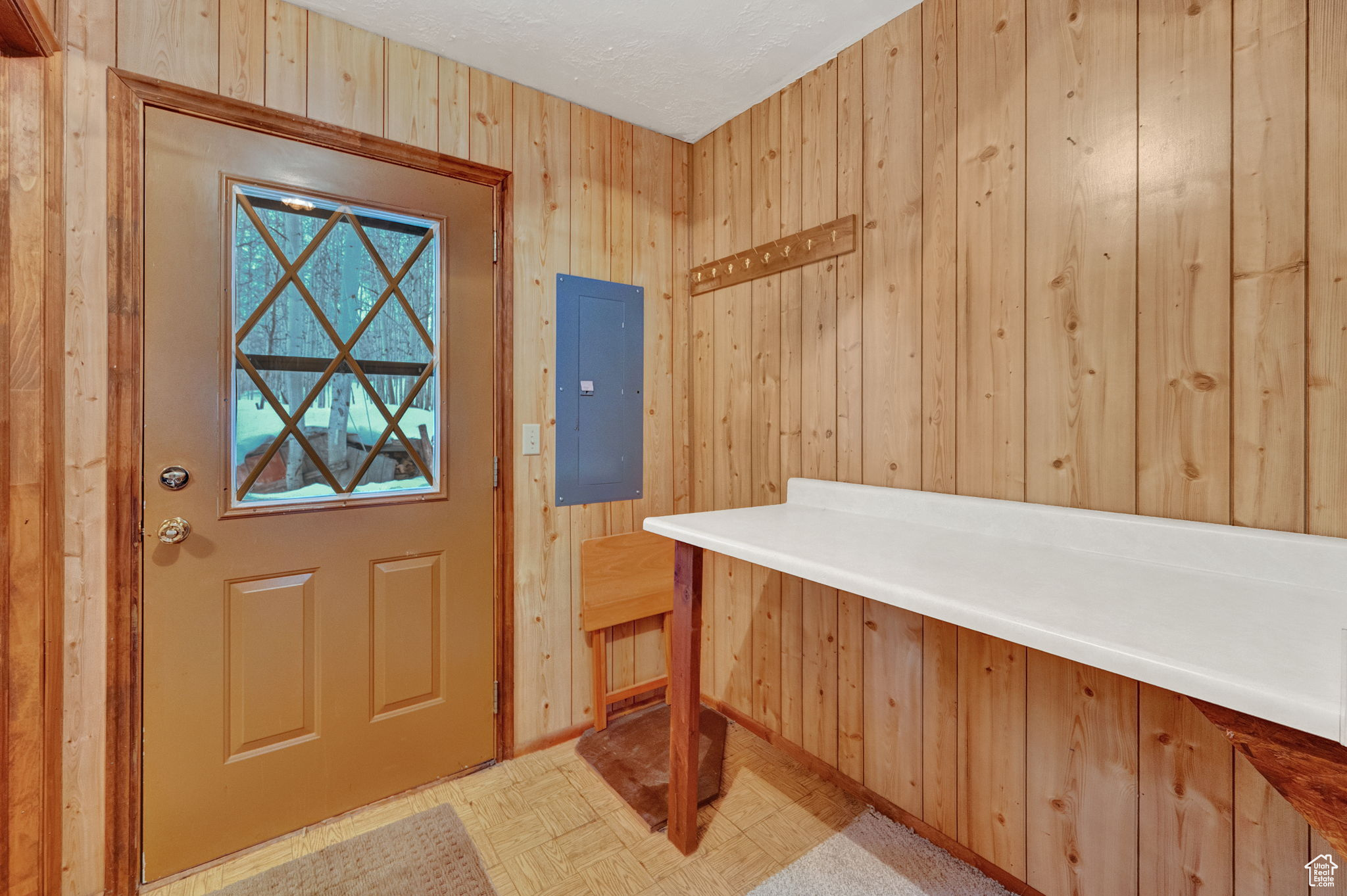 Entryway featuring wood walls