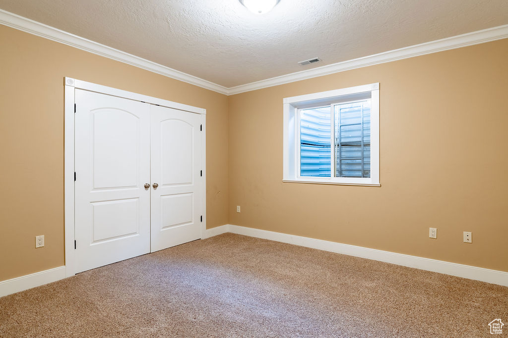 Unfurnished bedroom featuring ornamental molding, a textured ceiling, a closet, and carpet floors
