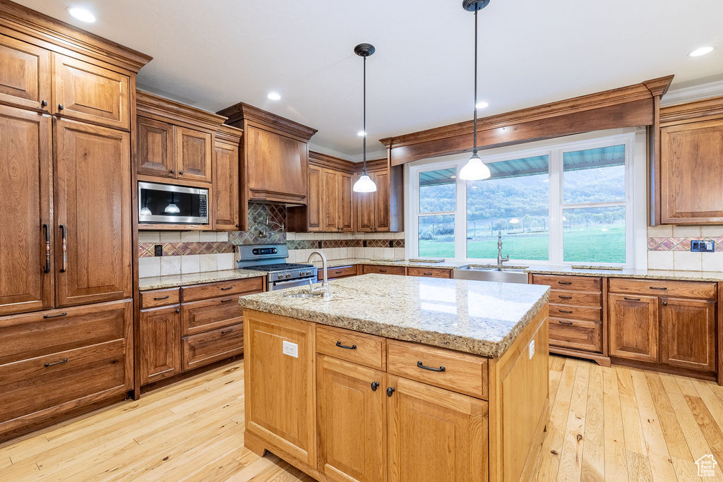 Kitchen with appliances with stainless steel finishes, light hardwood / wood-style floors, and an island with sink
