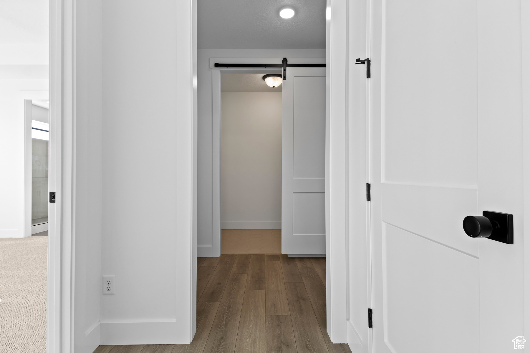 Corridor featuring hardwood / wood-style flooring and a barn door