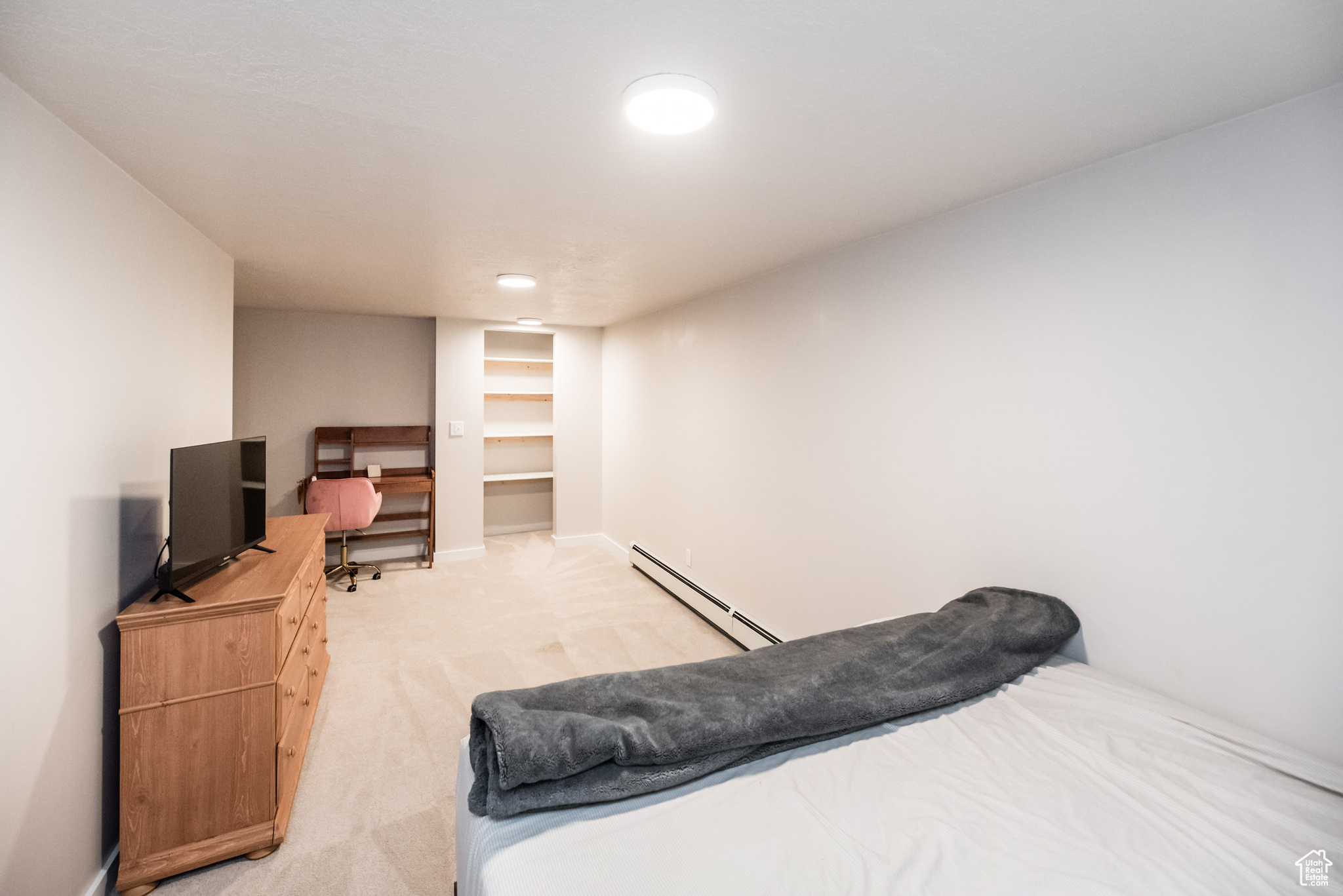 Bedroom with a walk in closet, light carpet, and baseboard heating