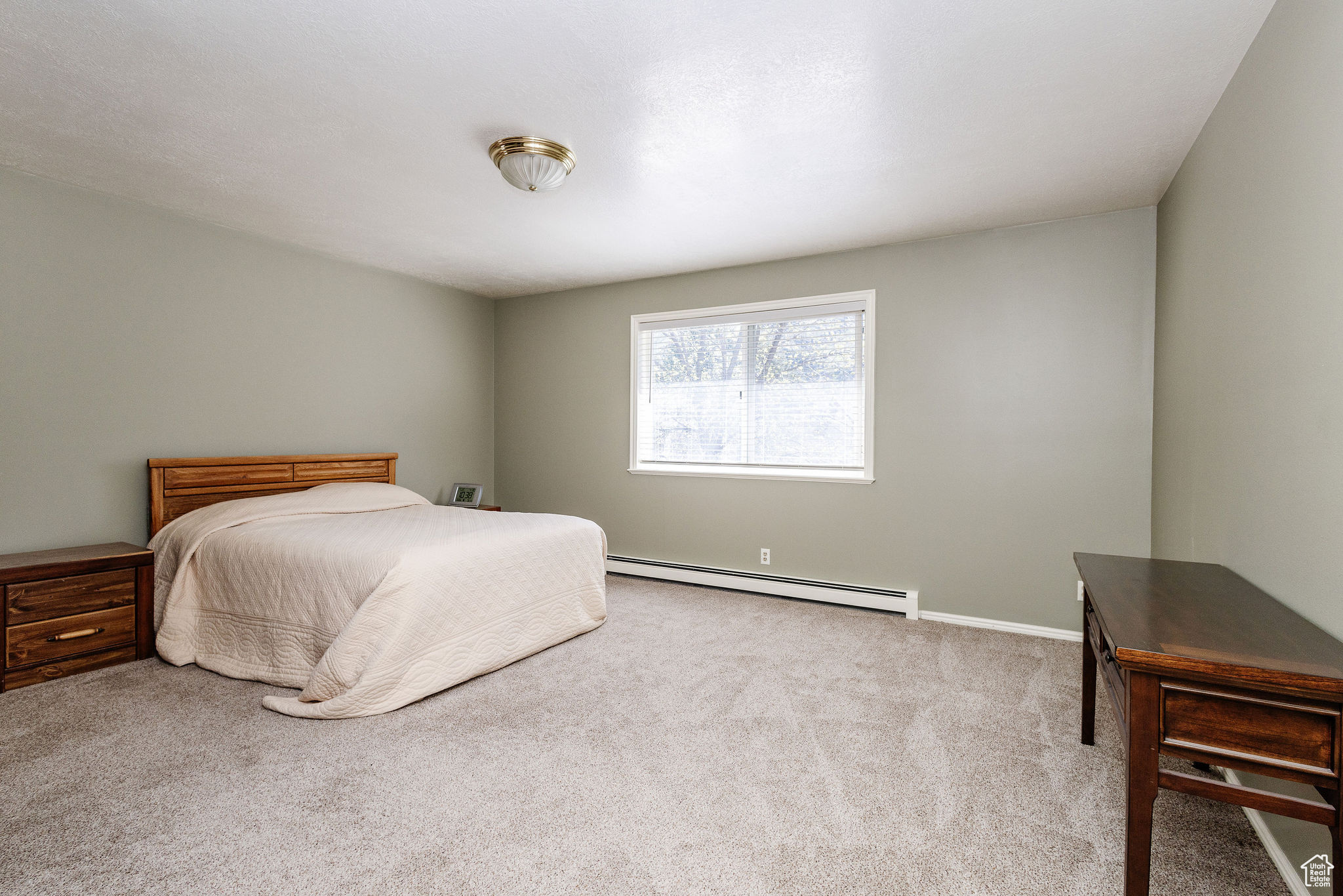 Bedroom featuring carpet flooring and a baseboard radiator