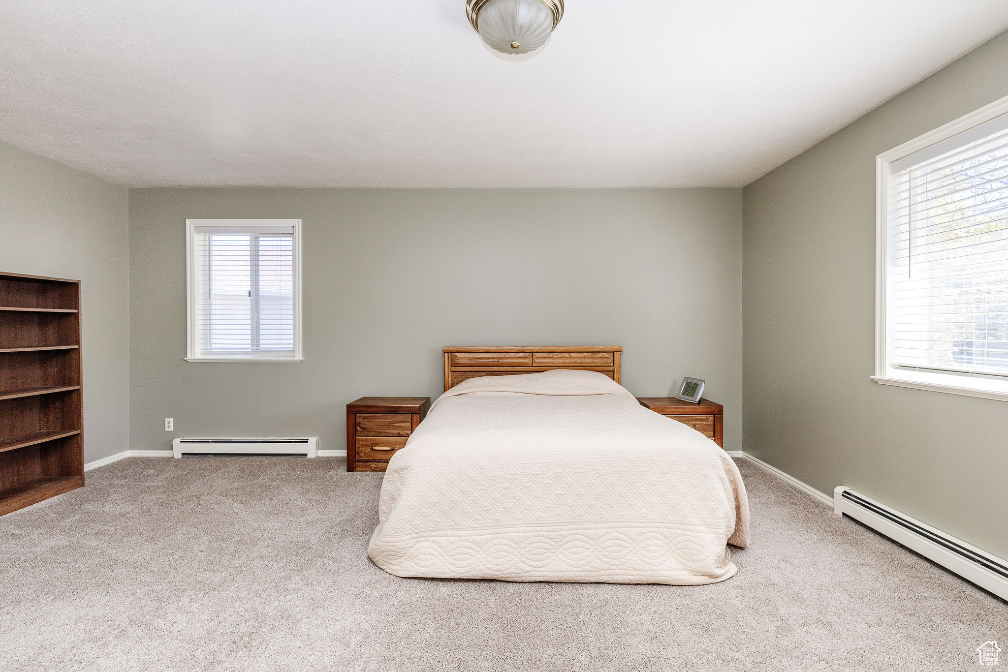 Carpeted bedroom with baseboard heating and multiple windows
