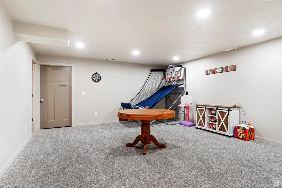 Rec room with carpet flooring