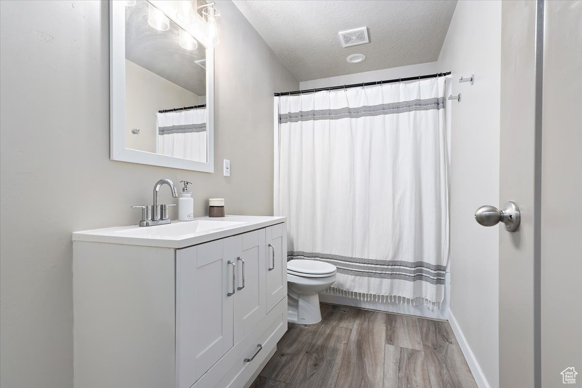 Bathroom featuring wood-type flooring, toilet, vanity, and a textured ceiling