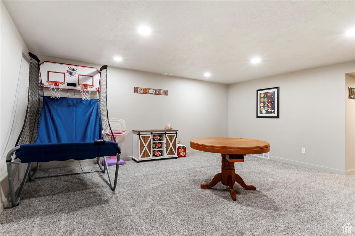 Game room featuring carpet floors