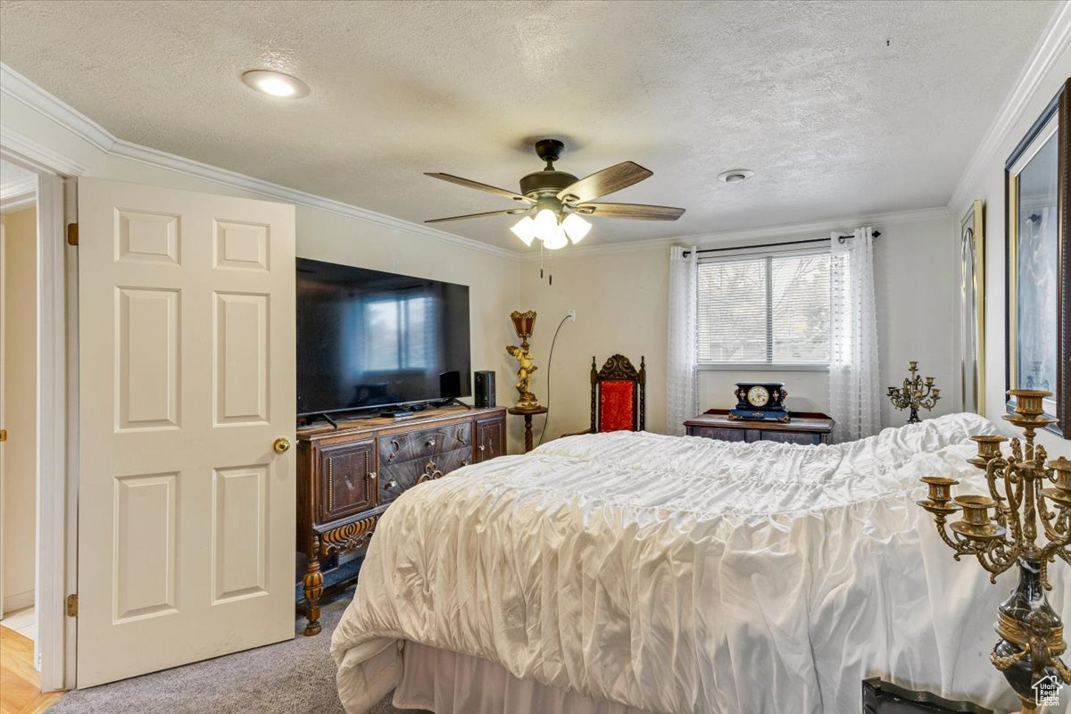 Bedroom with a textured ceiling, carpet floors, ceiling fan, and crown molding