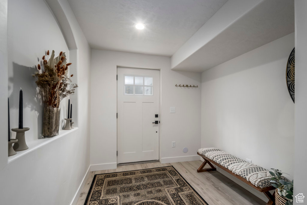 Basement apartment foyer entrance with hardwood / wood-style flooring