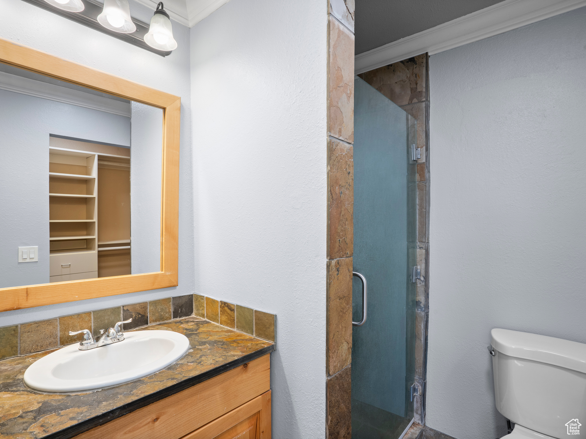 Bathroom with walk in shower, vanity, crown molding, and toilet