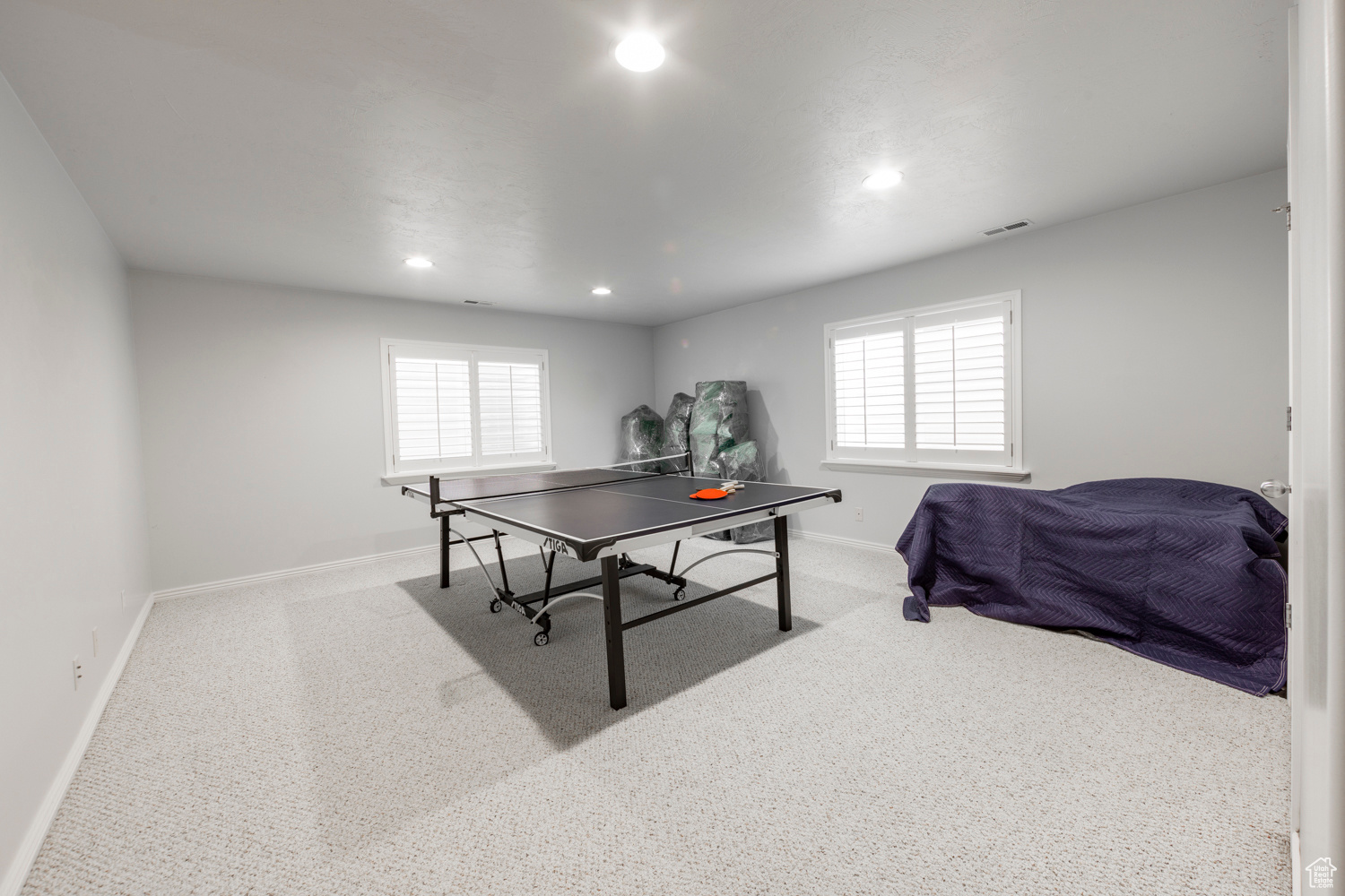 3rd large bedroom/ gameroom in basement featuring carpet floors and big windows letting in lots of light