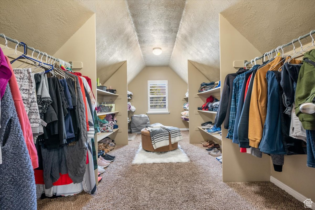 Walk in closet featuring vaulted ceiling and carpet floors