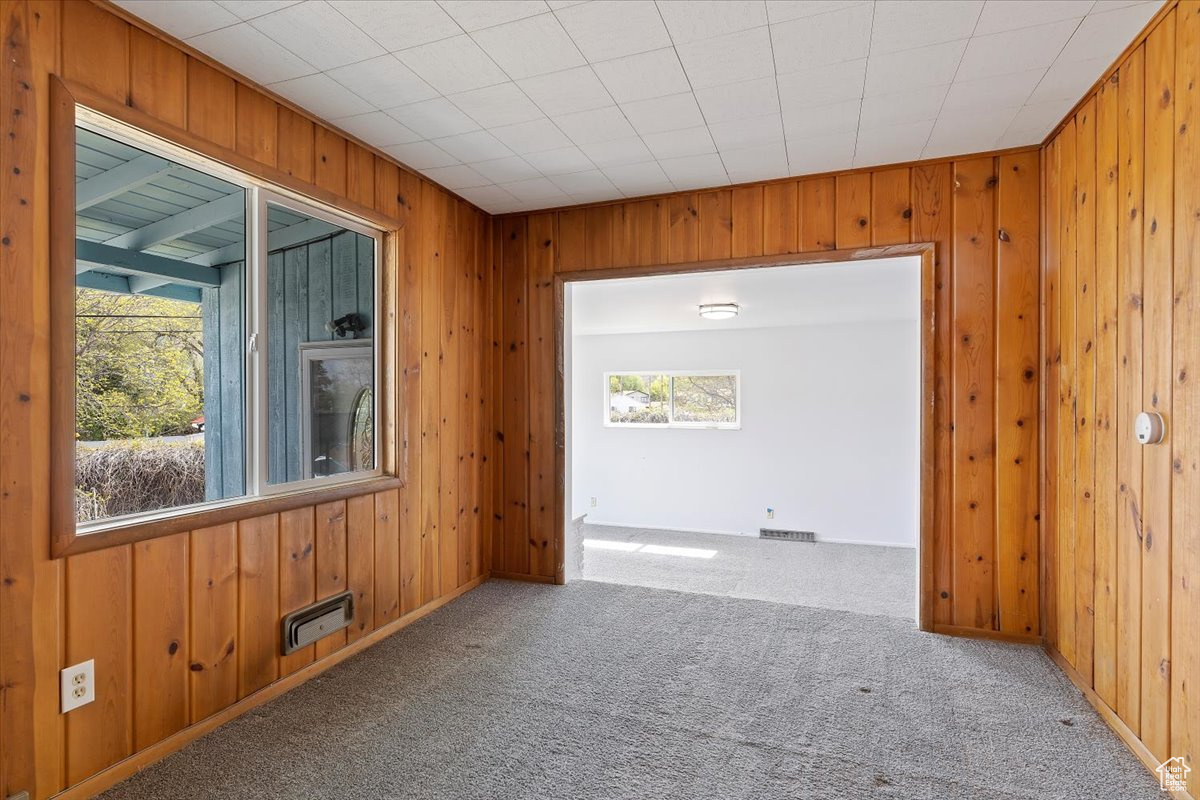 Carpeted spare room with a wealth of natural light and wooden walls