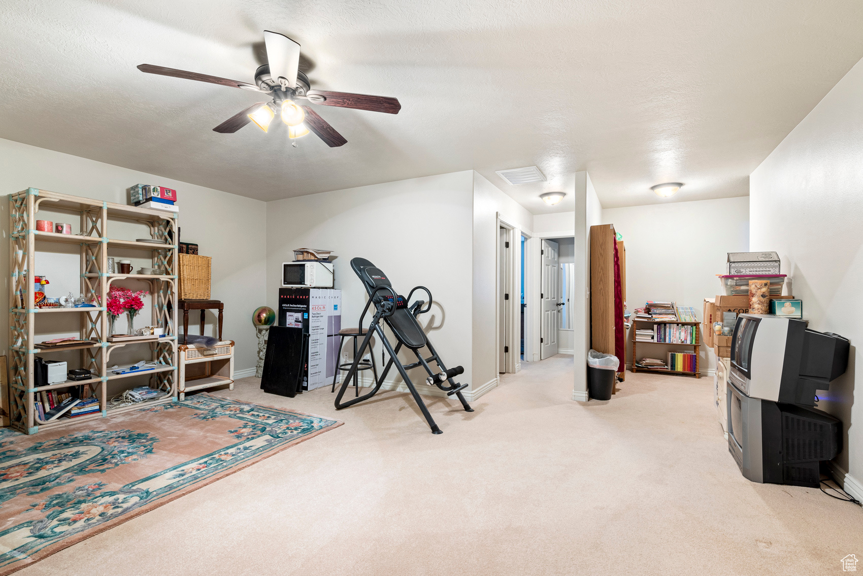 Exercise area featuring ceiling fan and carpet floors