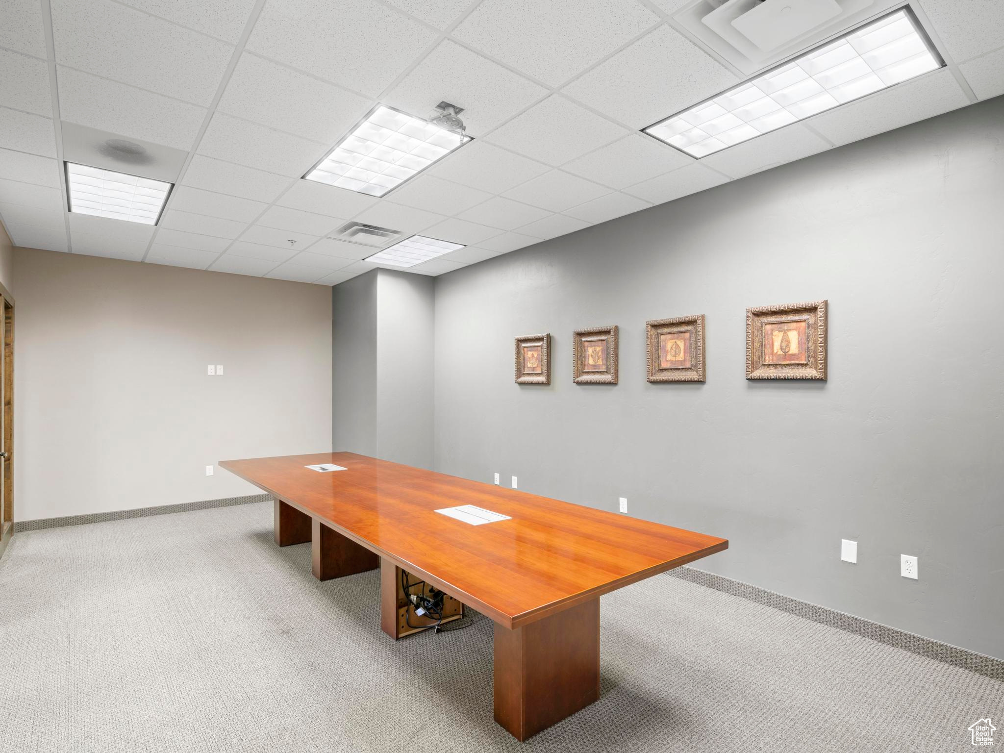 Playroom with a drop ceiling and carpet floors