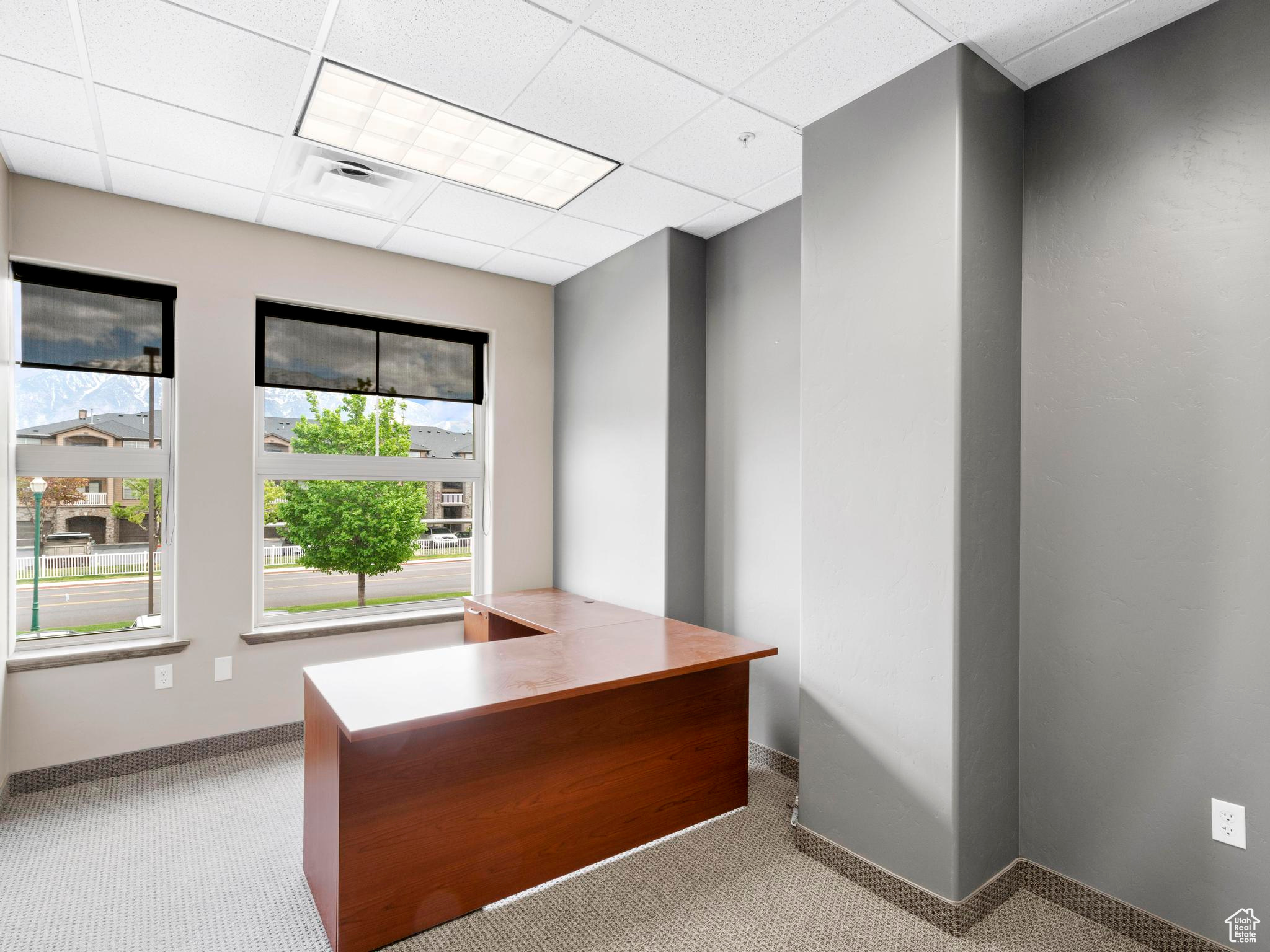 Unfurnished office with a paneled ceiling and carpet floors