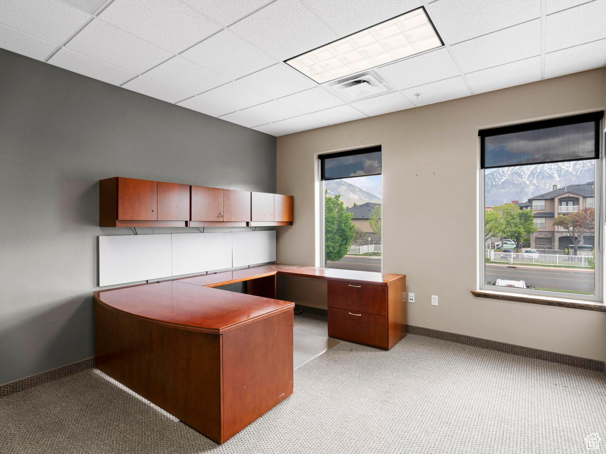 Carpeted office space featuring a drop ceiling