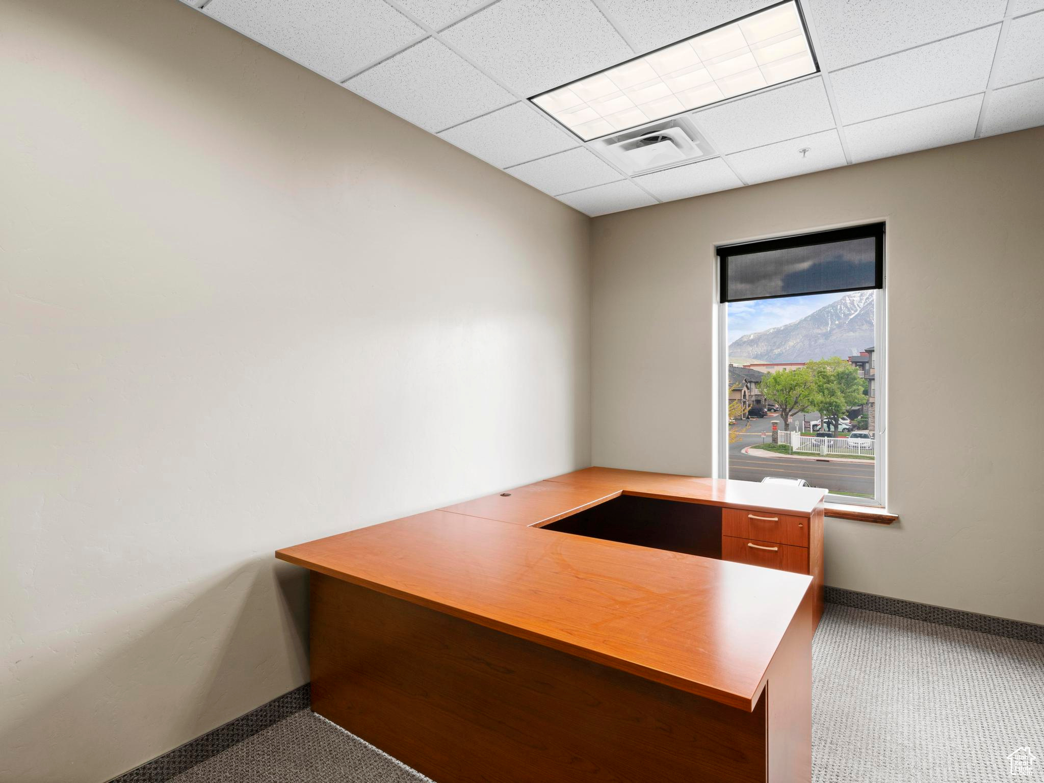 Unfurnished office with a drop ceiling and carpet floors