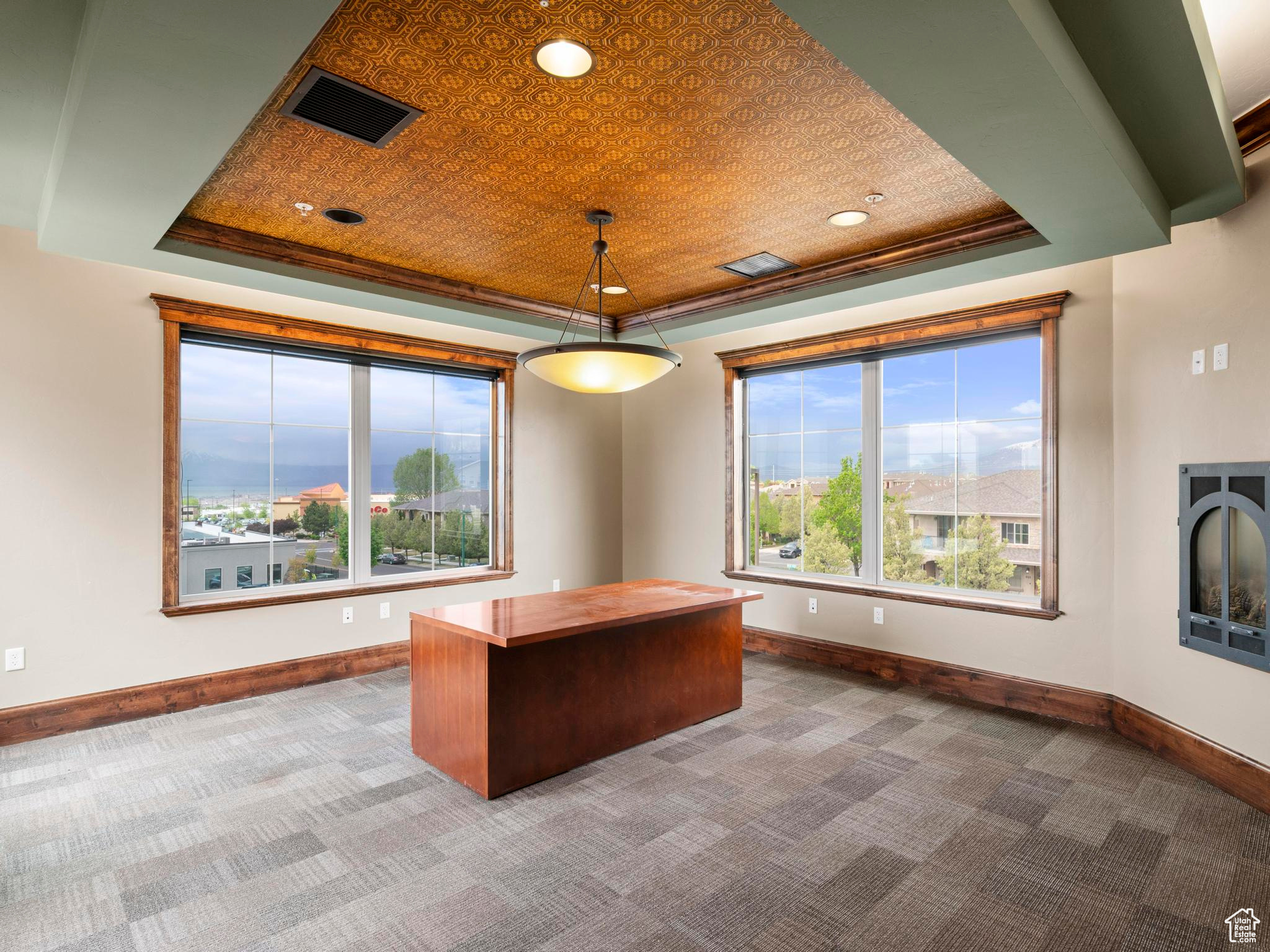 Unfurnished office with a healthy amount of sunlight, carpet floors, and a tray ceiling