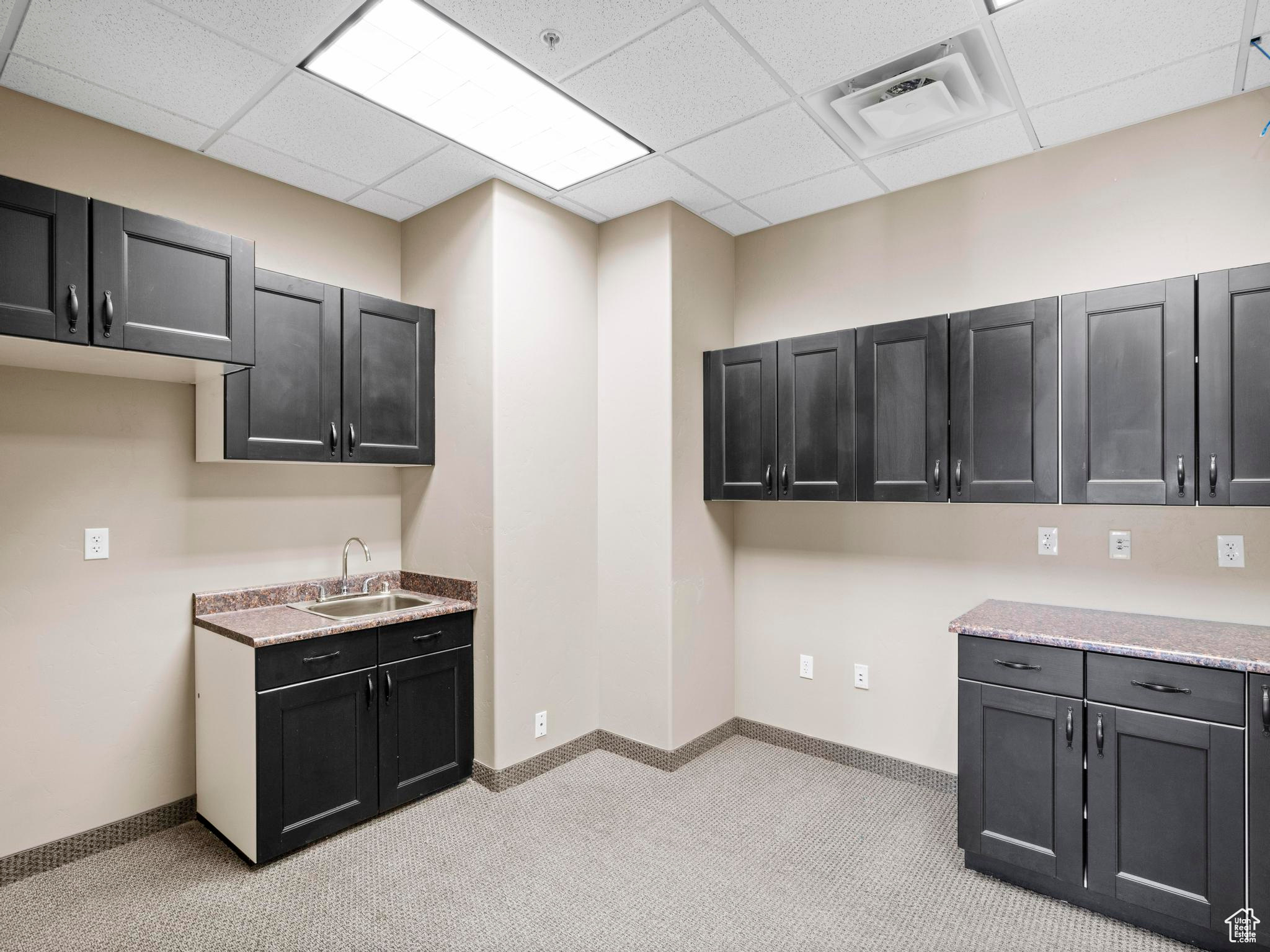 Kitchen featuring a drop ceiling, light colored carpet, and sink