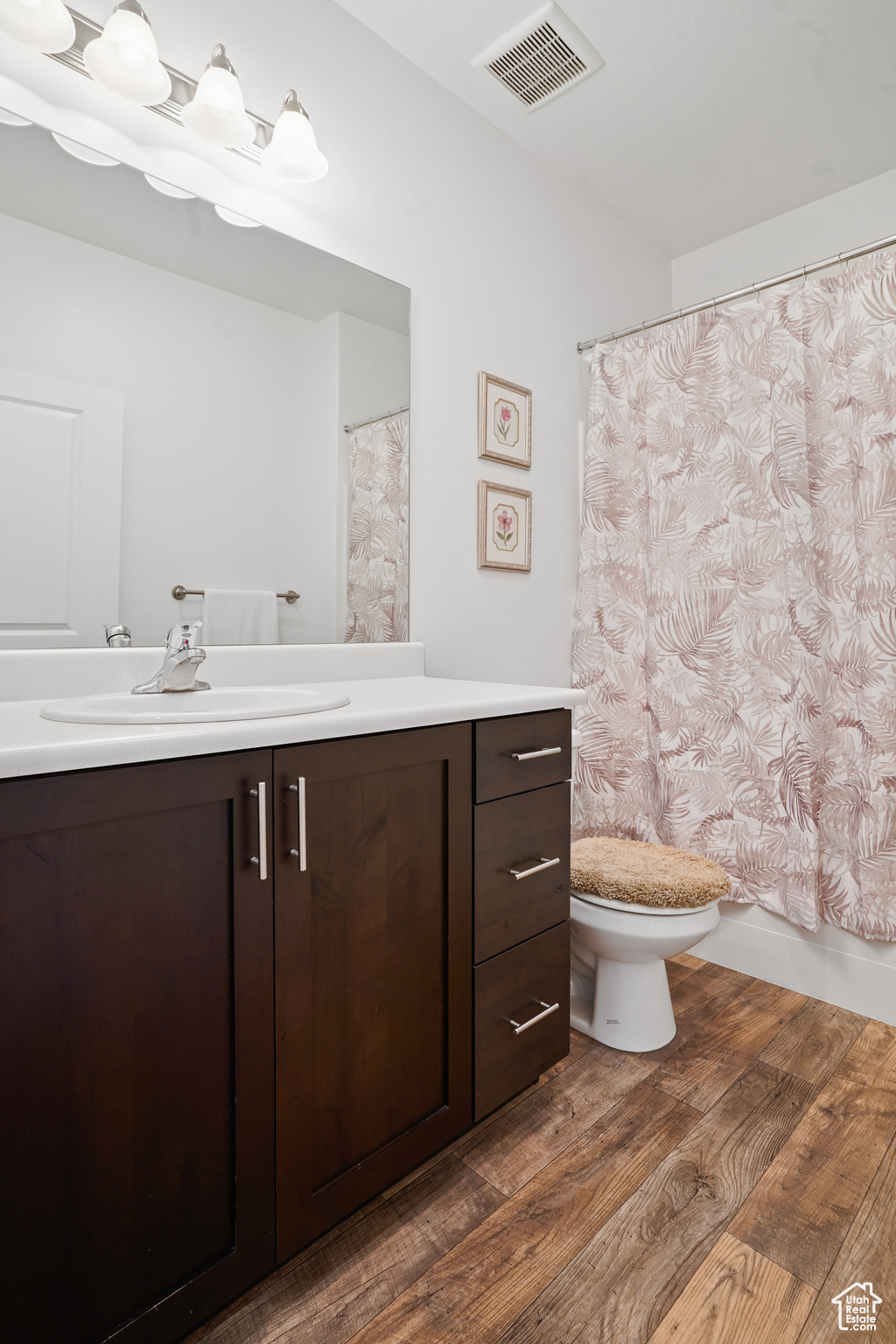 Bathroom featuring wood-type flooring, vanity, and toilet