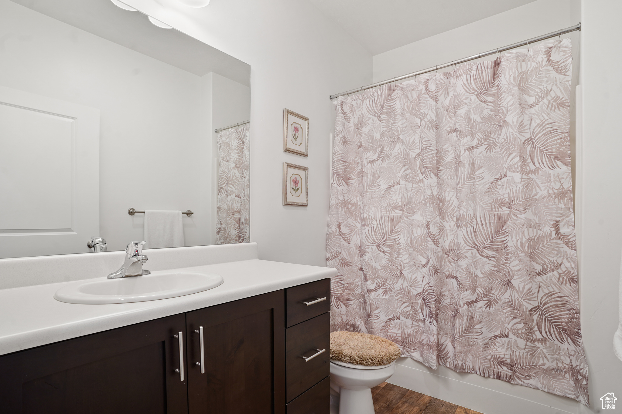 Bathroom with wood-type flooring, vanity, and toilet